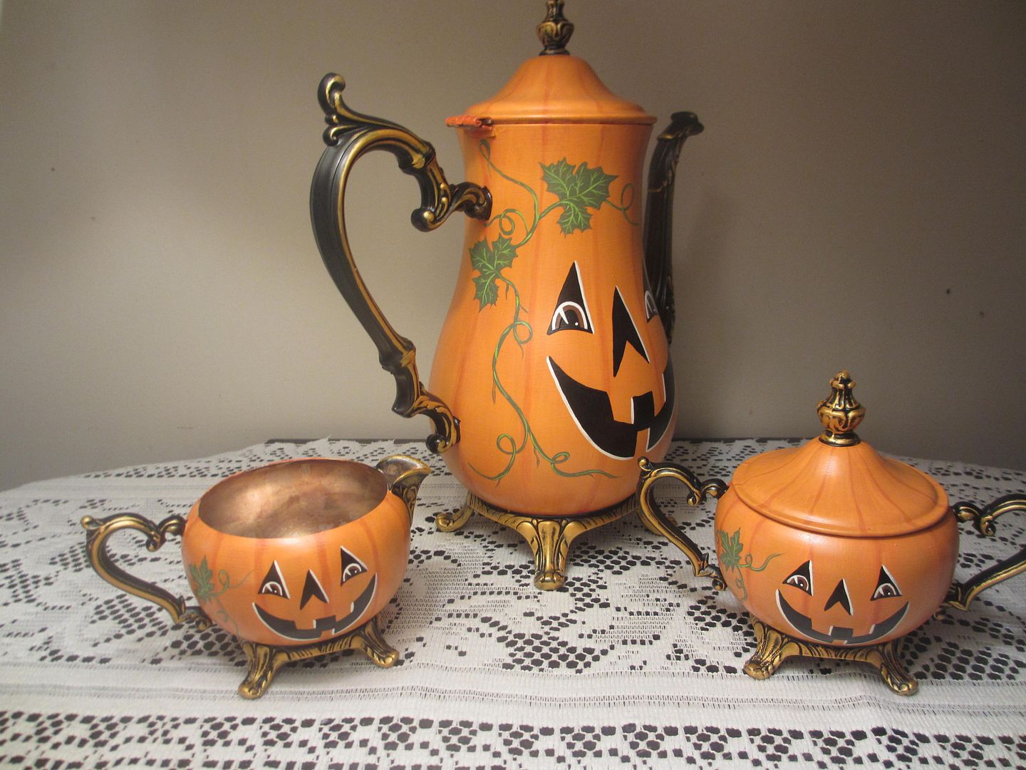 OOAK* Handpainted* Silverplate Tea Set* Halloween* Jack O'Lantern