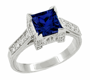 Art Deco 1 Carat Princess Cut Sapphire and Diamond Engagement Ring in Platinum Pictures, Images and Photos