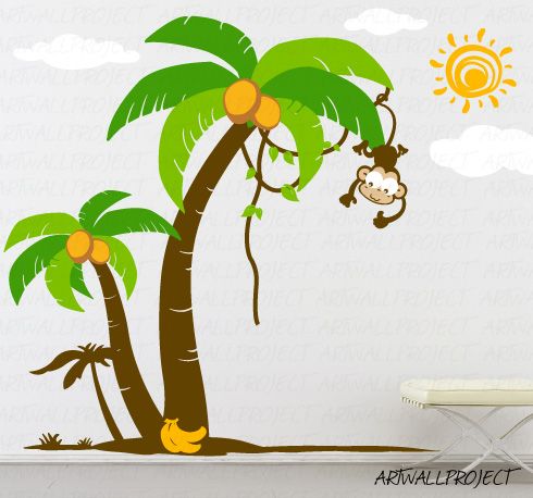 Nursery Wall Decal Palm Trees with Cute Monkey | eBay