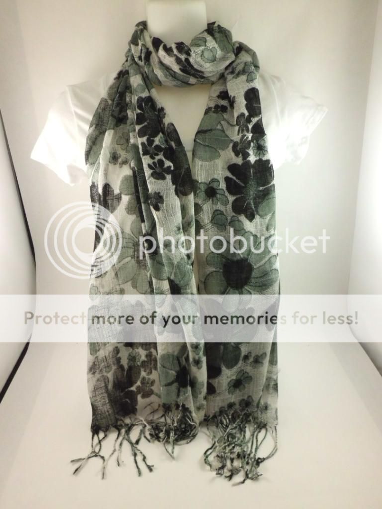 FASHIONABLE GRAY PEONY FLORAL MOD ROCKABILLY FRINGE SCARF  