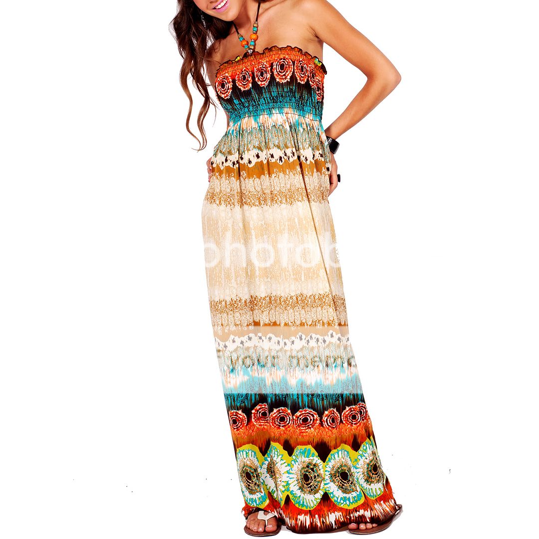   Boho Printed Spring Summer Long Maxi Strapless Party Dress  